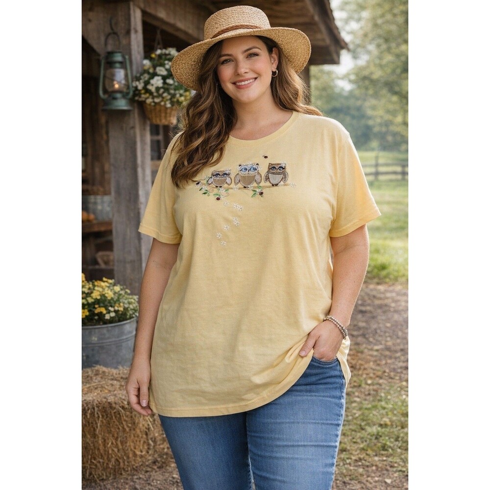 Country Store Women's 3X Owl T-Shirt Embroidered Daisies Yellow New Nature
